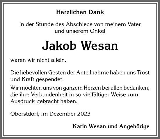 Traueranzeige von Jakob Wesan von Allgäuer Anzeigeblatt