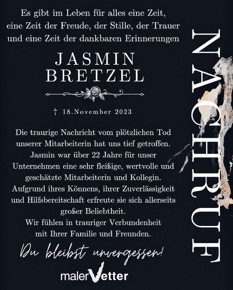  Traueranzeige für Jasmin Bretzel vom 02.12.2023 aus Memminger Zeitung