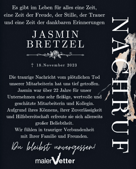Traueranzeige von Jasmin Bretzel von Memminger Zeitung