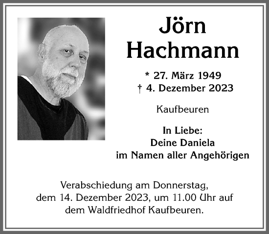 Traueranzeige von Jörn Hachmann von Allgäuer Zeitung, Kaufbeuren/Buchloe