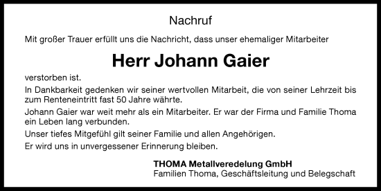 Traueranzeige von Johann Gaier von Memminger Zeitung