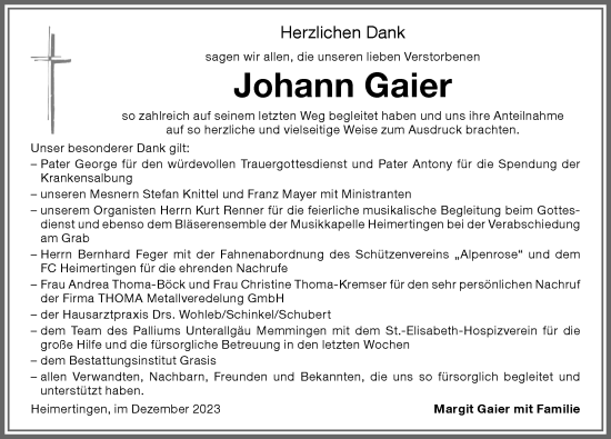 Traueranzeige von Johann Gaier von Memminger Zeitung