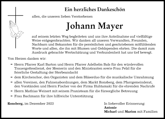 Traueranzeige von Johann Mayer von Allgäuer Zeitung, Marktoberdorf