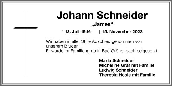 Traueranzeige von Johann Schneider von Memminger Zeitung