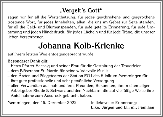 Traueranzeige von Johanna Kolb-Krienke von Memminger Zeitung