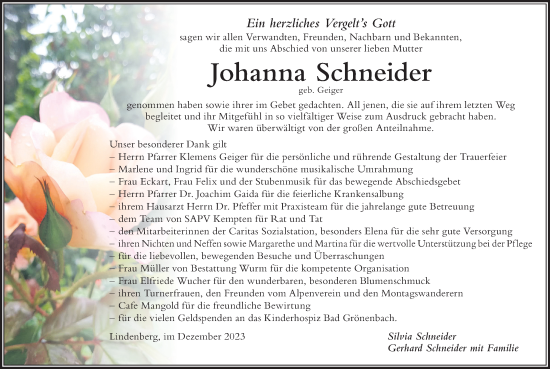 Traueranzeige von Johanna Schneider von Der Westallgäuer