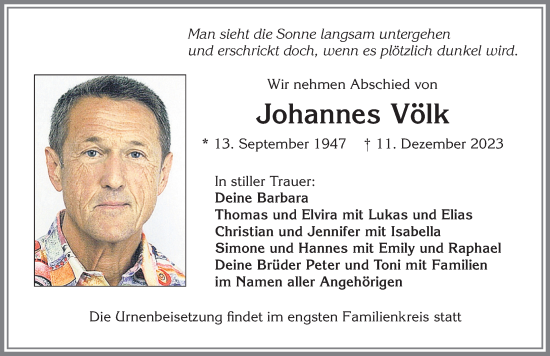 Traueranzeige von Johannes Völk von Allgäuer Zeitung, Kaufbeuren/Buchloe