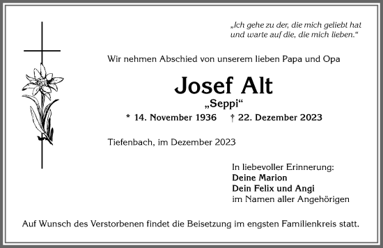 Traueranzeige von Josef Alt von Allgäuer Anzeigeblatt