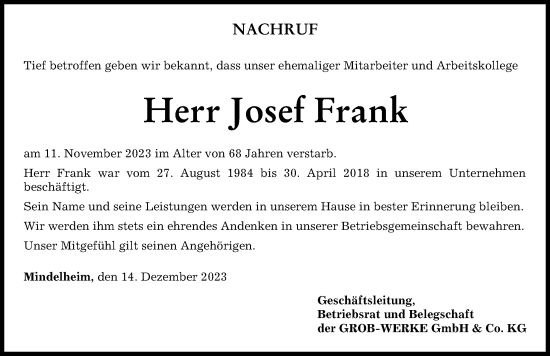 Traueranzeige von Josef Frank von Augsburger Allgemeine, Mindelheimer Zeitung