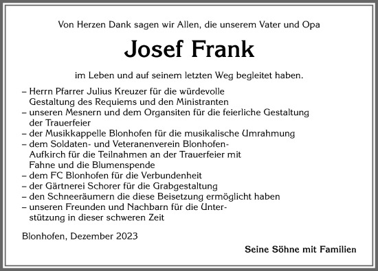 Traueranzeige von Josef Frank von Allgäuer Zeitung, Kaufbeuren/Buchloe