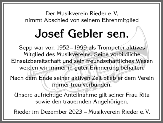 Traueranzeige von Josef Gebler von Allgäuer Zeitung, Marktoberdorf
