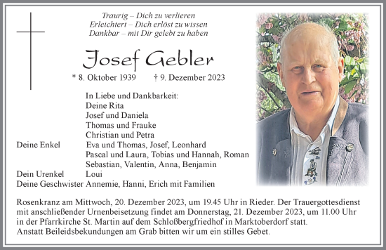 Traueranzeige von Josef Gebler von Allgäuer Zeitung, Marktoberdorf