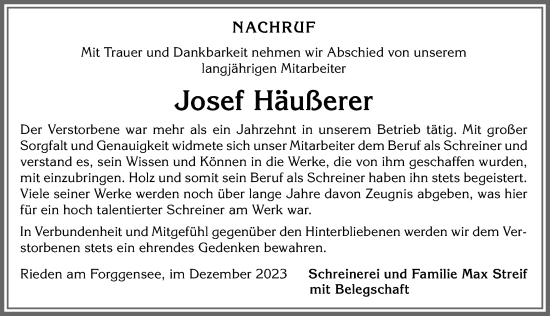 Traueranzeige von Josef Häußerer von Allgäuer Zeitung, Füssen