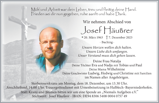 Traueranzeige von Josef Häußrer von Allgäuer Zeitung, Füssen