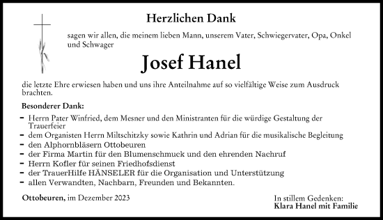 Traueranzeige von Josef Hanel von Memminger Zeitung