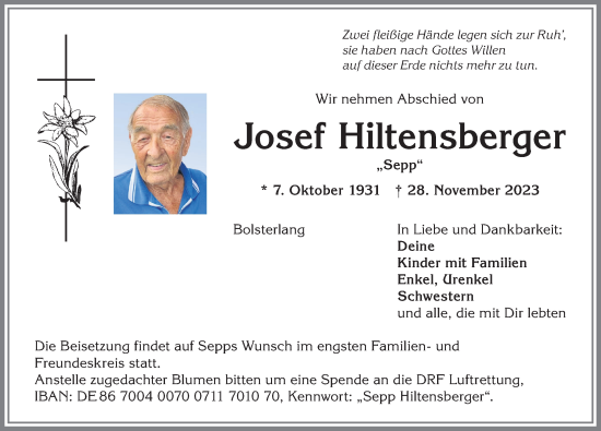 Traueranzeige von Josef Hiltensberger von Allgäuer Anzeigeblatt