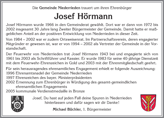 Traueranzeige von Josef Hörmann von Memminger Zeitung