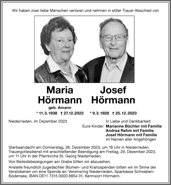 Traueranzeige von Josef Hörmann von Memminger Zeitung