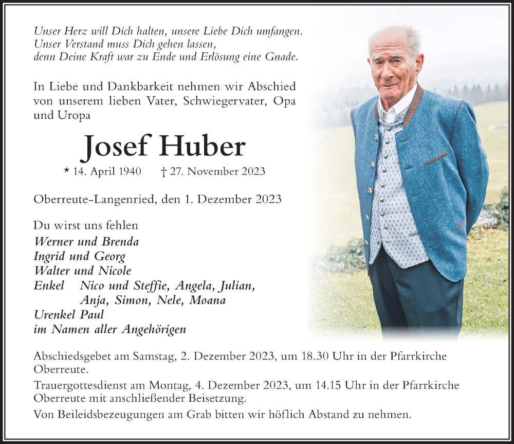  Traueranzeige für Josef Huber vom 01.12.2023 aus Der Westallgäuer