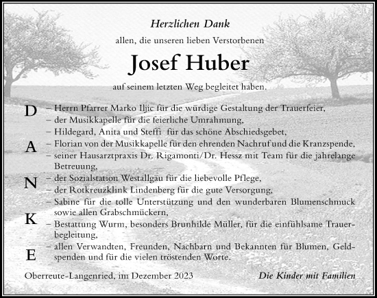 Traueranzeige von Josef Huber von Der Westallgäuer