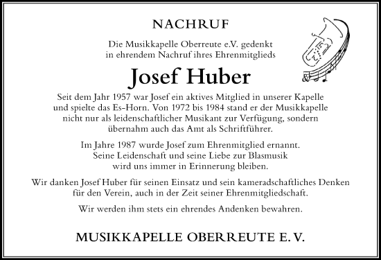 Traueranzeige von Josef Huber von Der Westallgäuer