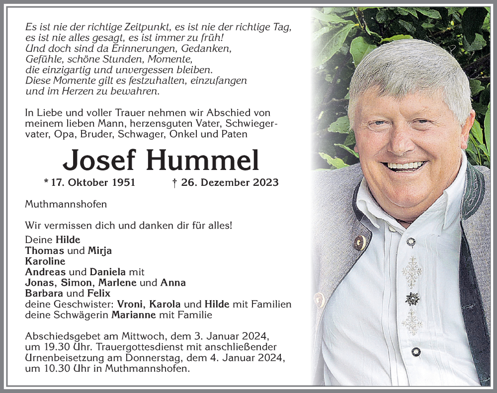  Traueranzeige für Josef Hummel vom 30.12.2023 aus Allgäuer Zeitung,Kempten