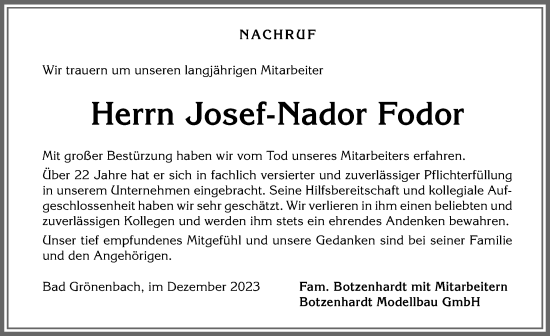 Traueranzeige von Josef-Nador Fodor von Memminger Zeitung