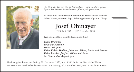 Traueranzeige von Josef Ohmayer von Der Westallgäuer