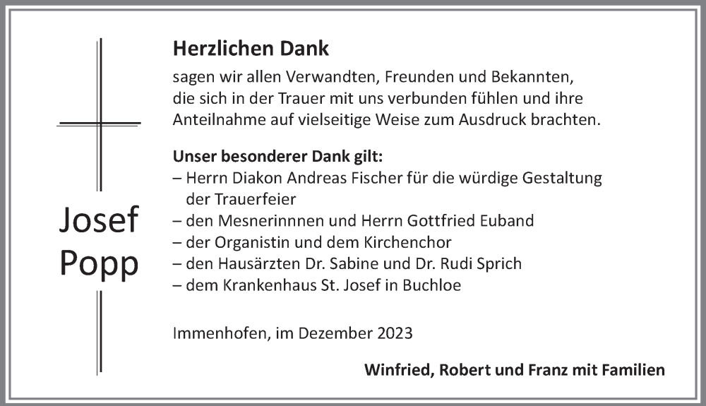  Traueranzeige für Josef Popp vom 21.12.2023 aus Allgäuer Zeitung, Marktoberdorf