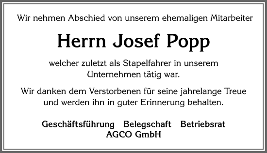 Traueranzeige von Josef Popp von Allgäuer Zeitung, Marktoberdorf