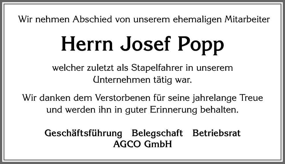  Traueranzeige für Josef Popp vom 02.12.2023 aus Allgäuer Zeitung, Marktoberdorf