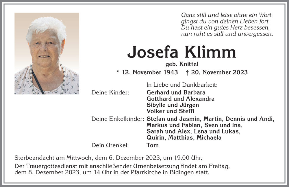  Traueranzeige für Josefa Klimm vom 04.12.2023 aus Allgäuer Zeitung, Marktoberdorf