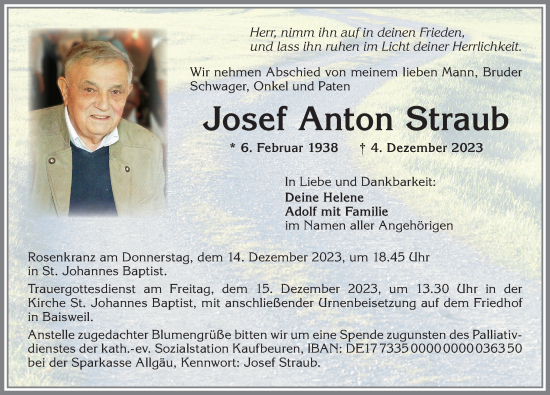 Traueranzeige von Josef Anton Straub von Allgäuer Zeitung, Kaufbeuren/Buchloe