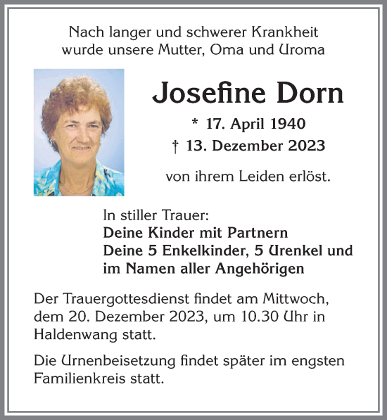 Traueranzeige von Josefine Dorn von Allgäuer Zeitung,Kempten