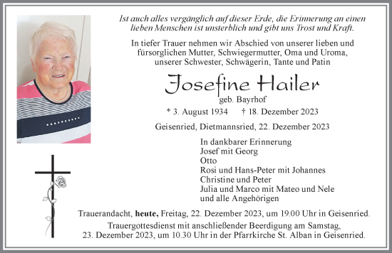 Traueranzeige von Josefine Hailer von Allgäuer Zeitung, Marktoberdorf