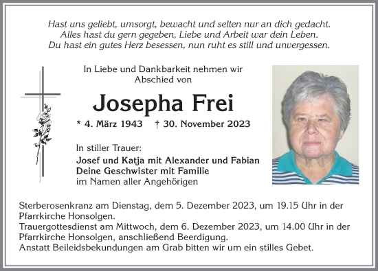 Traueranzeige von Josepha Frei von Allgäuer Zeitung, Kaufbeuren/Buchloe
