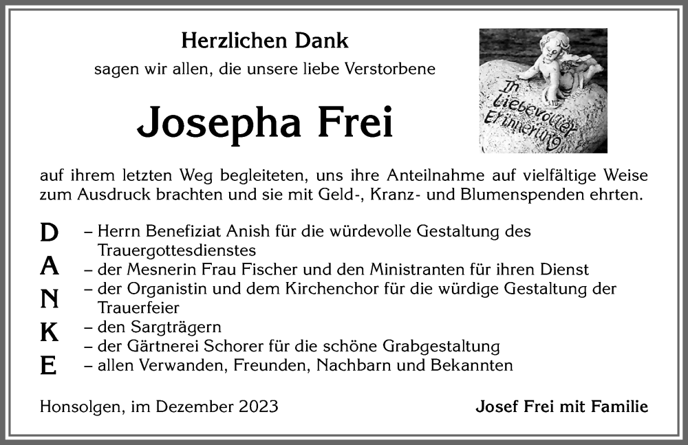  Traueranzeige für Josepha Frei vom 21.12.2023 aus Allgäuer Zeitung, Kaufbeuren/Buchloe