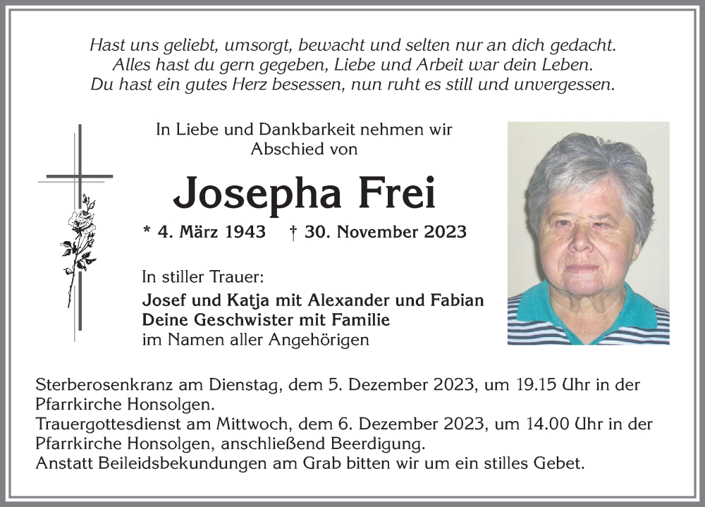  Traueranzeige für Josepha Frei vom 02.12.2023 aus Allgäuer Zeitung, Kaufbeuren/Buchloe