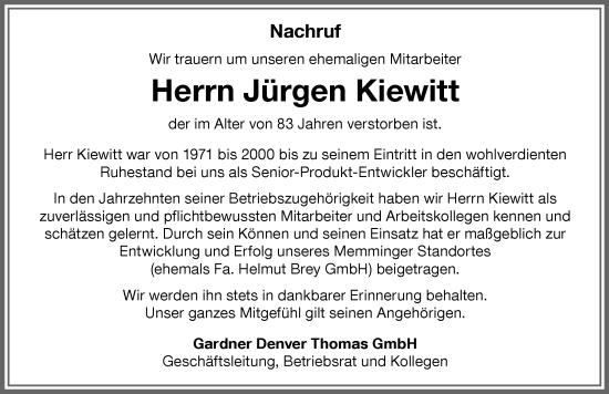 Traueranzeige von Jürgen Kiewitt von Memminger Zeitung