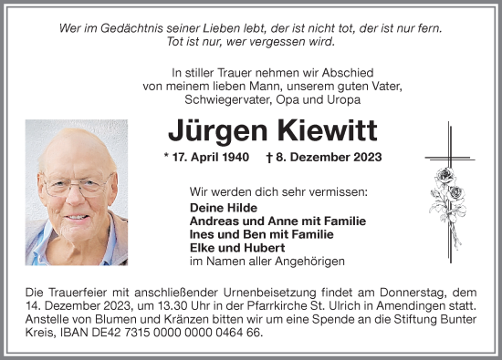 Traueranzeige von Jürgen Kiewitt von Memminger Zeitung