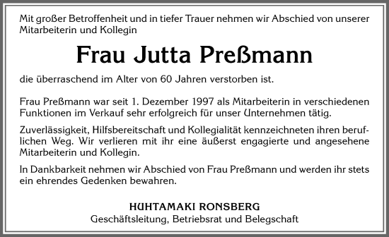 Traueranzeige von Jutta Preßmann von Allgäuer Zeitung,Kempten