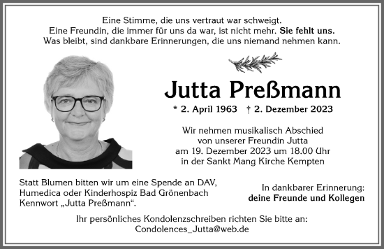 Traueranzeige von Jutta Preßmann von Allgäuer Zeitung,Kempten