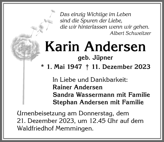 Traueranzeige von Karin Andersen von Memminger Zeitung