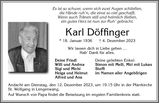 Traueranzeige von Karl Döffinger von Allgäuer Zeitung, Marktoberdorf