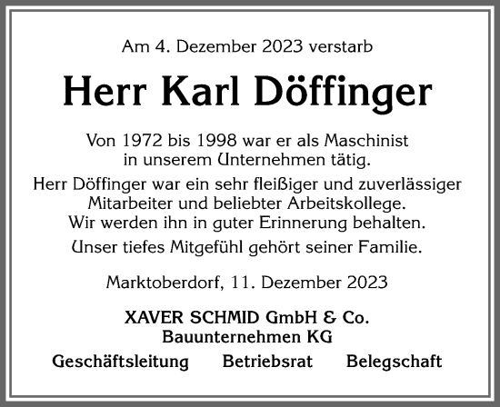 Traueranzeige von Karl Döffinger von Allgäuer Zeitung, Marktoberdorf