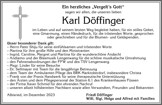 Traueranzeige von Karl Döffinger von Allgäuer Zeitung, Marktoberdorf
