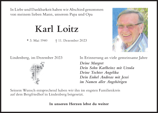 Traueranzeige von Karl Loitz von Der Westallgäuer