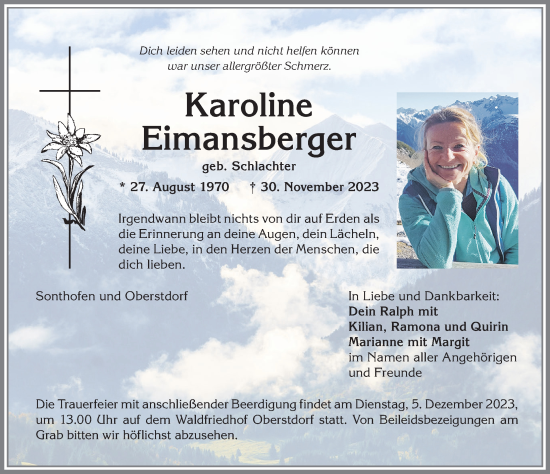 Traueranzeige von Karoline Eimansberger von Allgäuer Anzeigeblatt