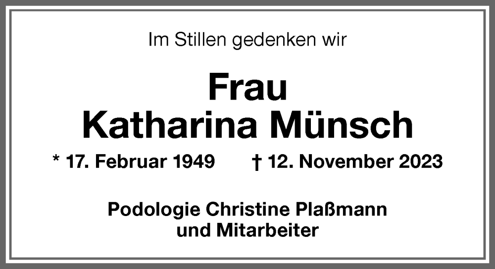  Traueranzeige für Katharina Münsch vom 09.12.2023 aus Memminger Zeitung