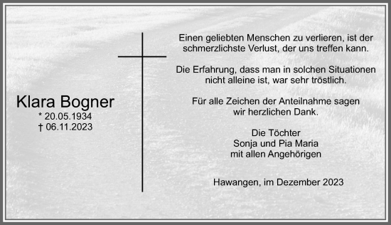 Traueranzeige von Klara Bogner von Memminger Zeitung